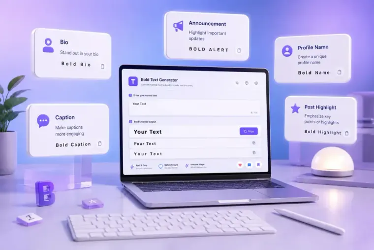 Profile cards and social post drafts using bold Unicode labels and short callouts