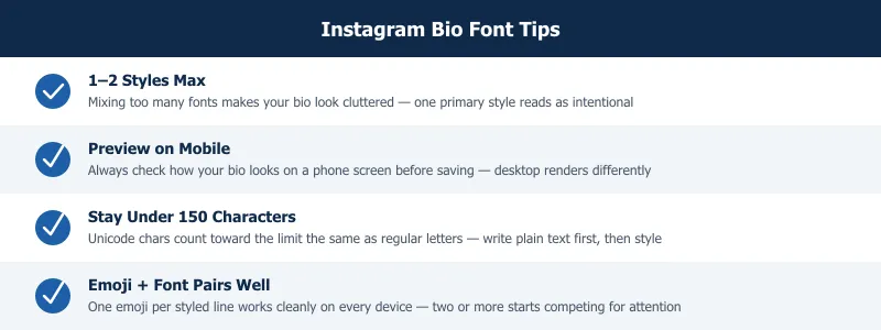 Instagram bio font tips — checklist of four key tips for using fonts correctly