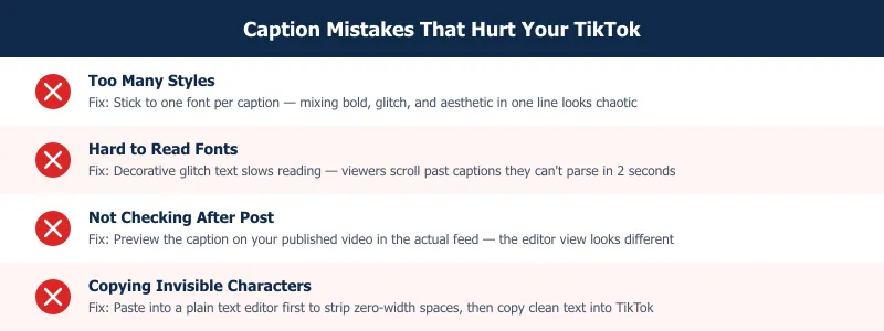Common TikTok caption mistakes — four warning cards with fixes