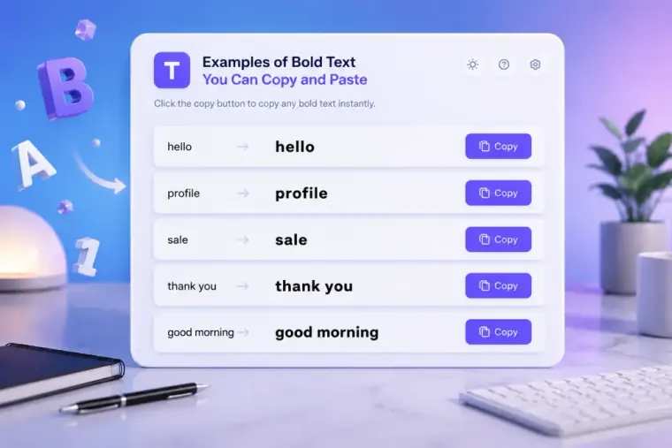 Normal text examples displayed beside matching bold Unicode letter conversions