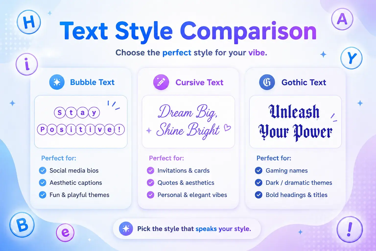 bubble text compared with cursive and gothic fonts