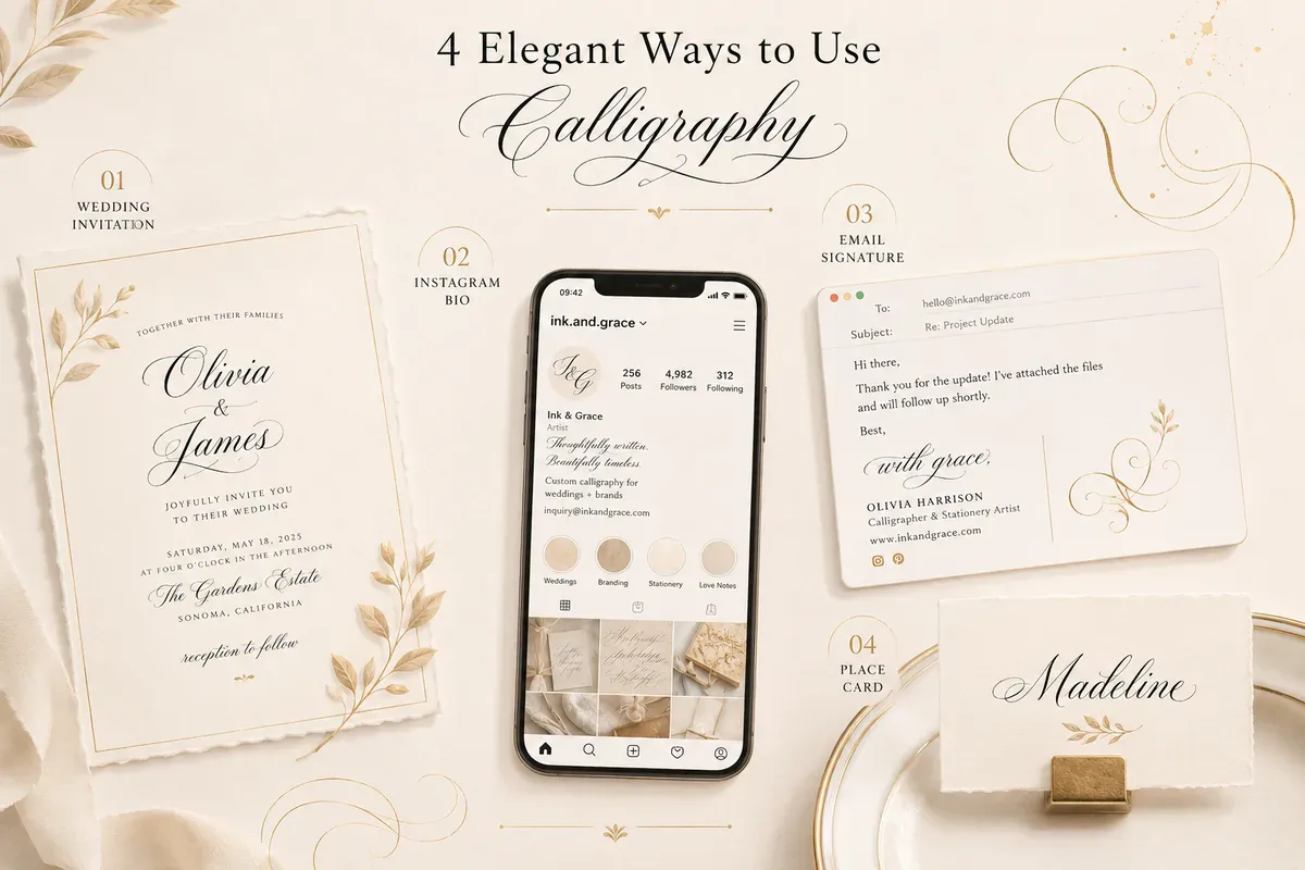 Calligraphy text used in a wedding invite, Instagram bio, email signature, and place card