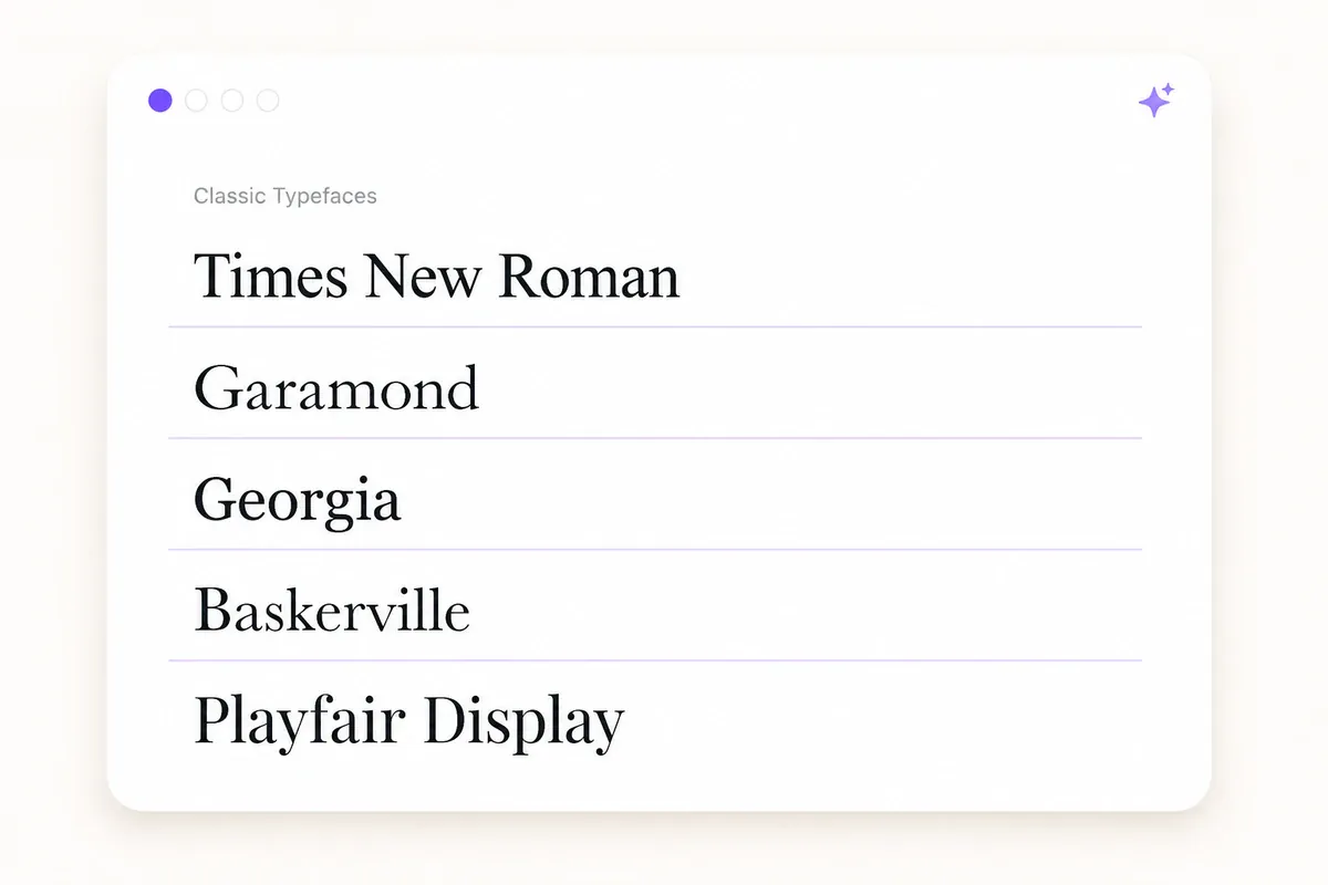Type specimen of classic serif typefaces including Garamond, Georgia and Playfair Display