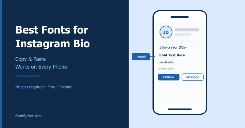 Best fonts for Instagram bio shown on a phone mockup with Unicode text examples