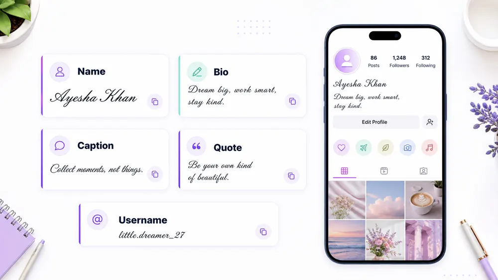 Cursive text generator copy paste examples for bios captions and usernames.