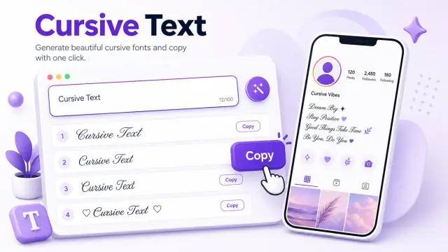 Cursive text generator copy paste examples shown in a modern purple text tool interface