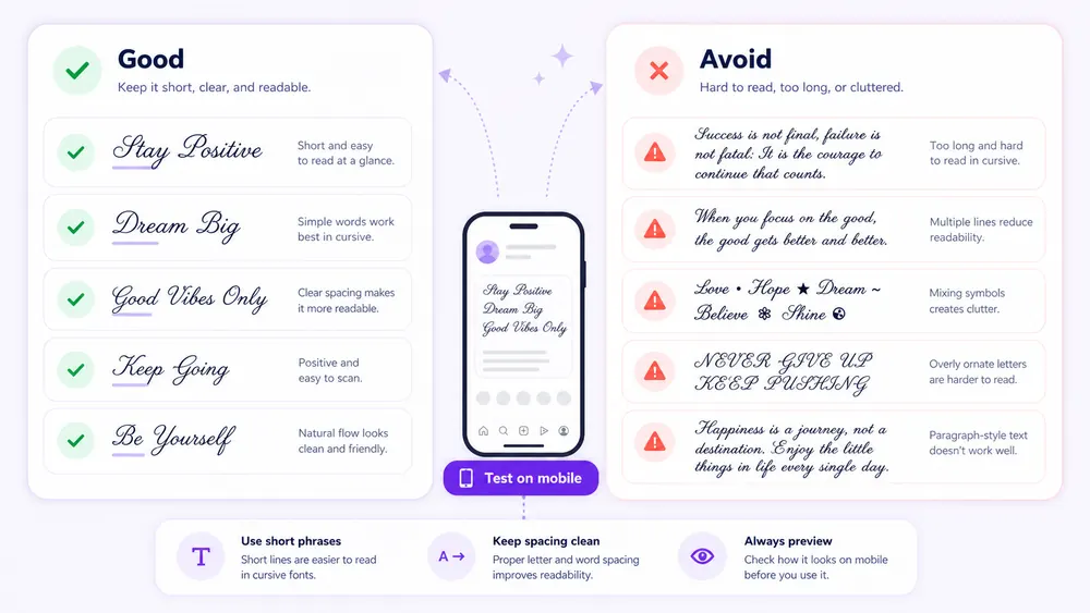 Cursive text readability tips showing good and hard to read examples.