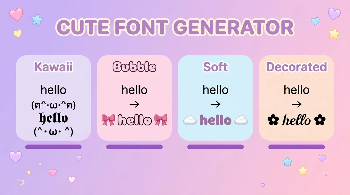Cute font generator showing kawaii kaomoji text styles on a phone screen