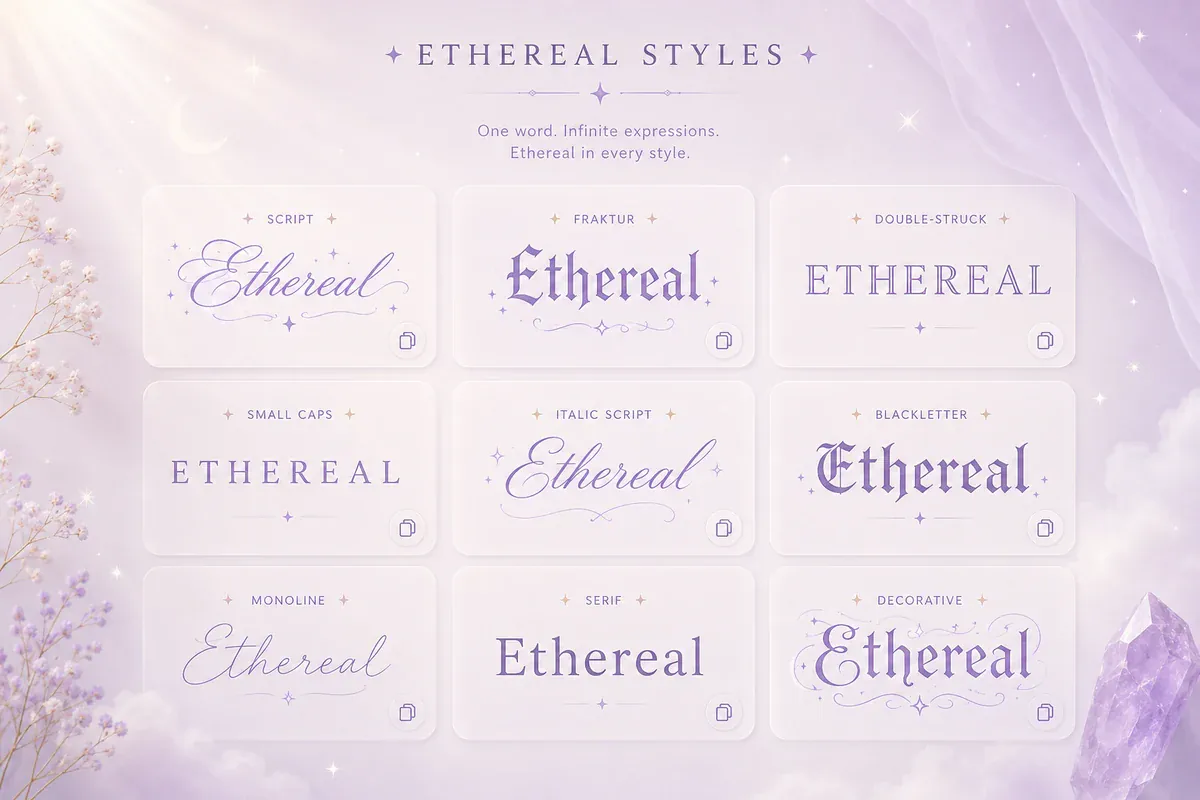 Grid of dreamy ethereal font examples ready to copy and paste