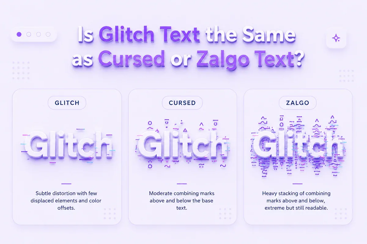 Illustrated comparison of glitch, cursed and Zalgo text