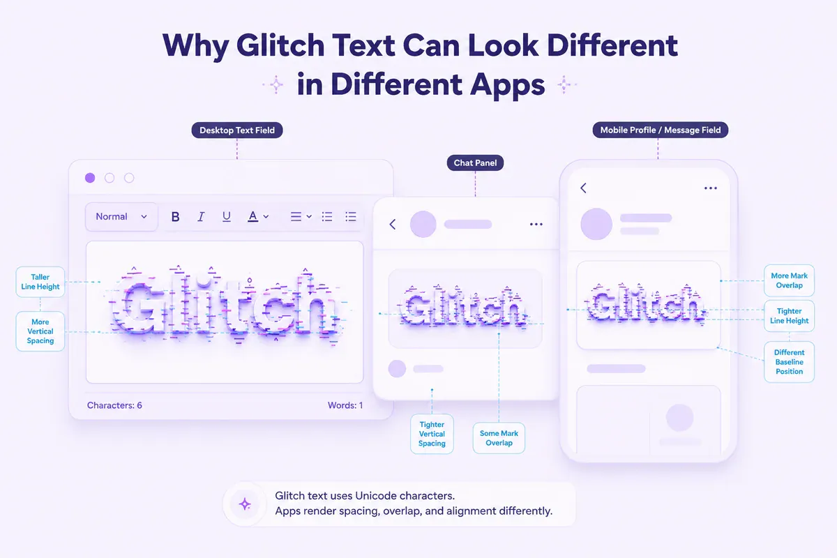 The same Unicode glitch text rendering differently across three apps