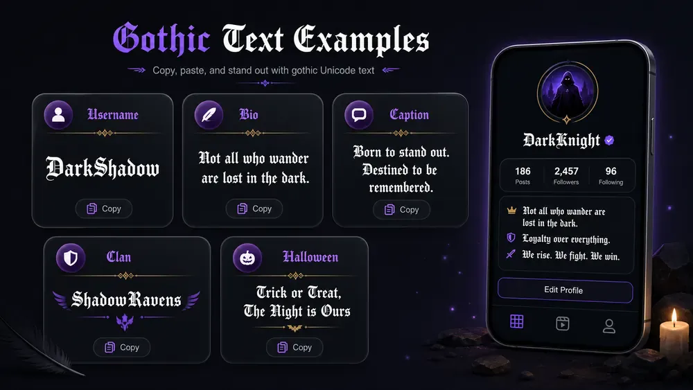 Gothic text generator copy paste examples for usernames and clan names.