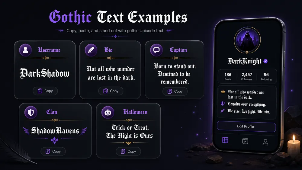 Gothic text generator copy paste examples for usernames and clan names.