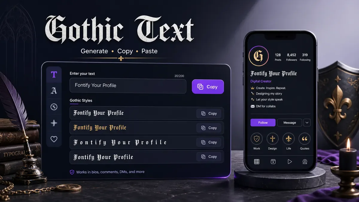 Gothic text generator copy paste examples in a dark blackletter tool interface