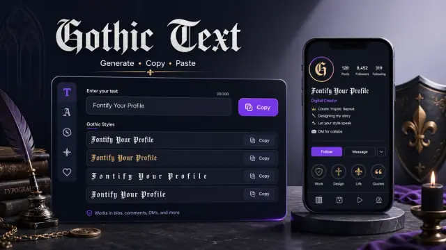 Gothic text generator copy paste examples in a dark blackletter tool interface