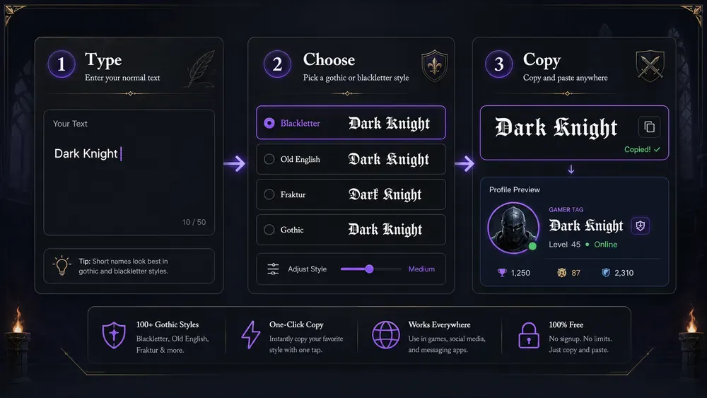 Gothic text generator copy paste steps for creating dark letters online.