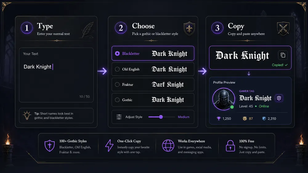 Gothic text generator copy paste steps for creating dark letters online.