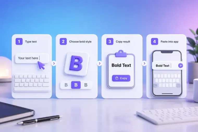 Four-step tool interface showing text entry, bold style selection, copy button, and pasted result