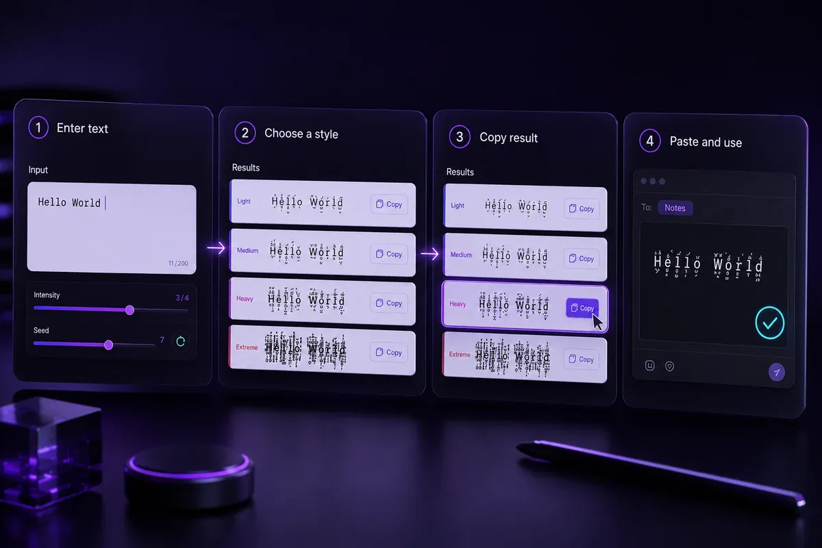 Four steps showing how to enter, compare, copy, and check Zalgo text