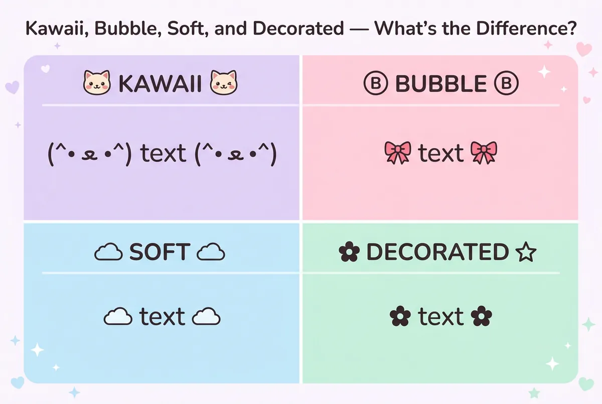 Comparison of kawaii, bubble, soft, and decorated cute text styles