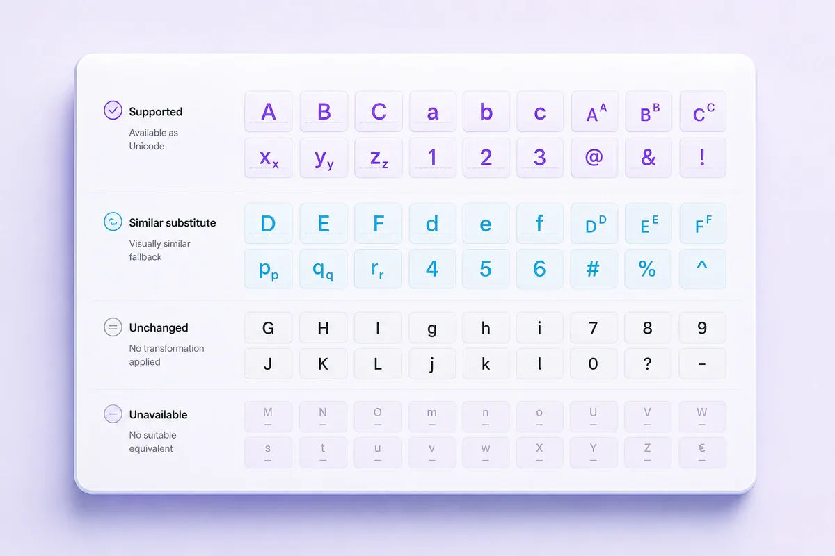 Supported, substituted, and missing small Unicode characters