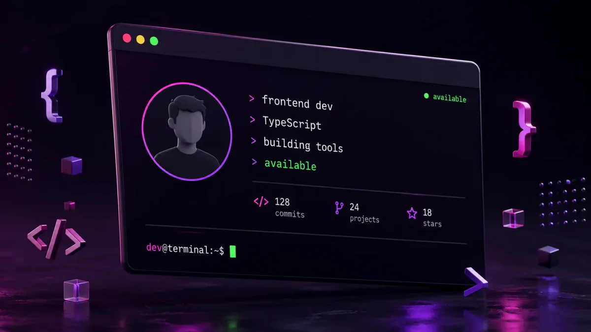Monospace developer bio examples displayed in a terminal-style profile