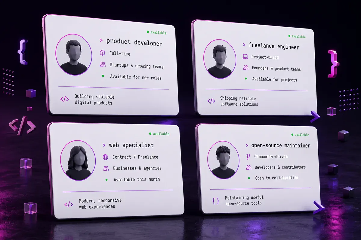 Professional developer bio formulas using monospace text