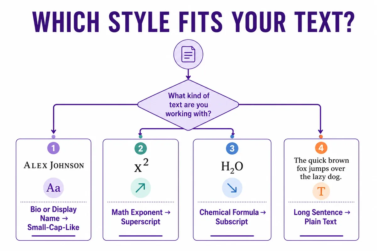 Decision chart for choosing between small caps, superscript, and subscript styles