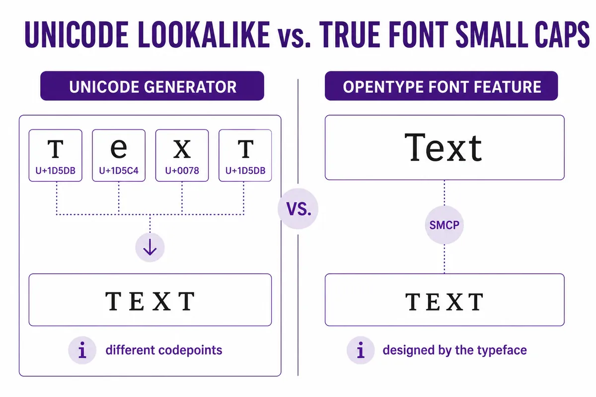 Comparison of Unicode small-cap lookalike characters versus true OpenType font small caps