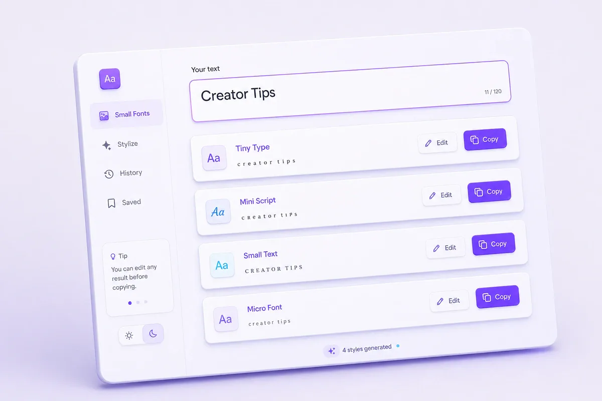Small text generator showing several editable and copyable results