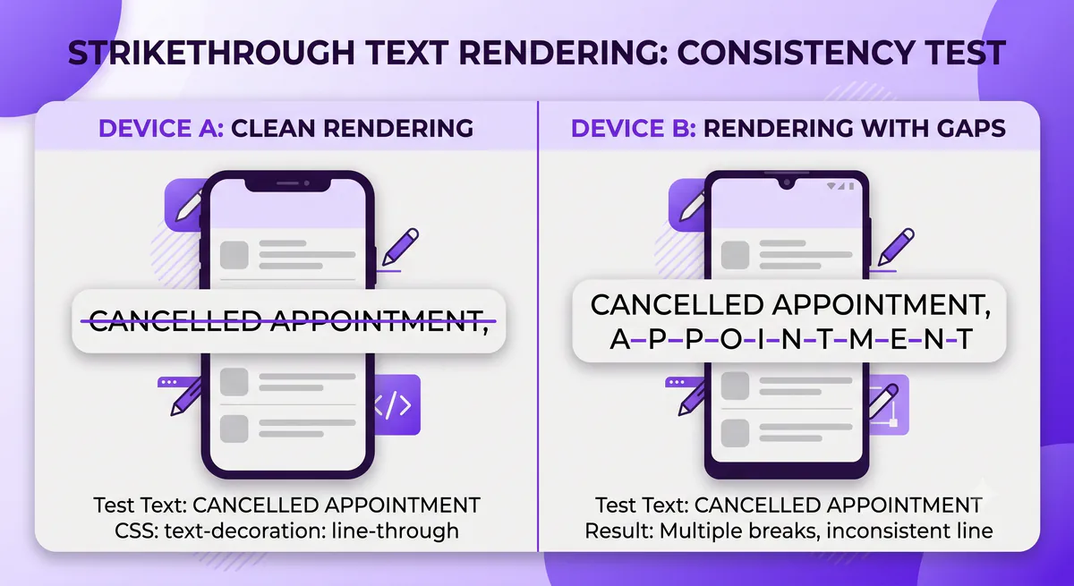 Strikethrough text rendering correctly on one screen and inconsistently on another