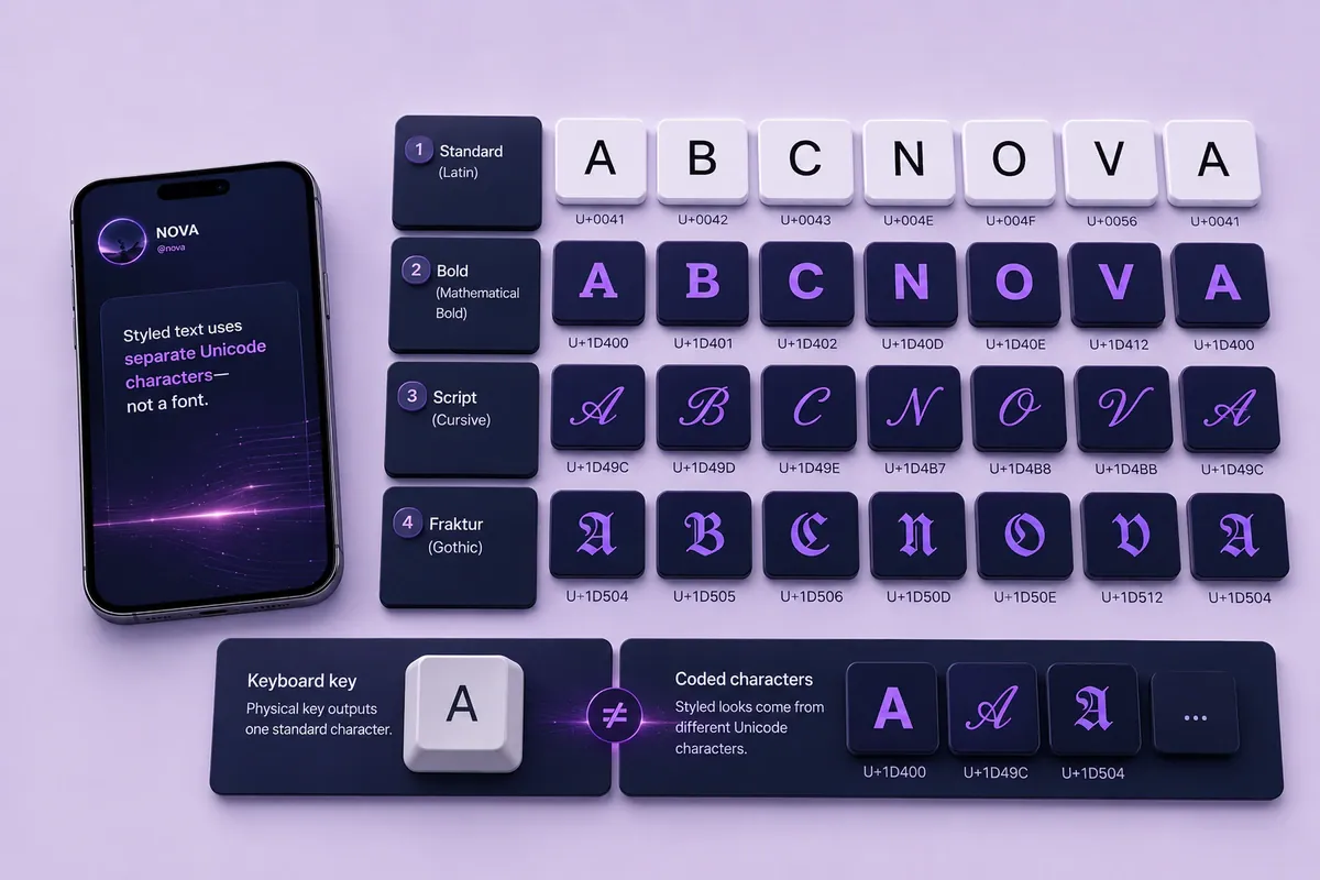Standard letters compared with styled Unicode characters