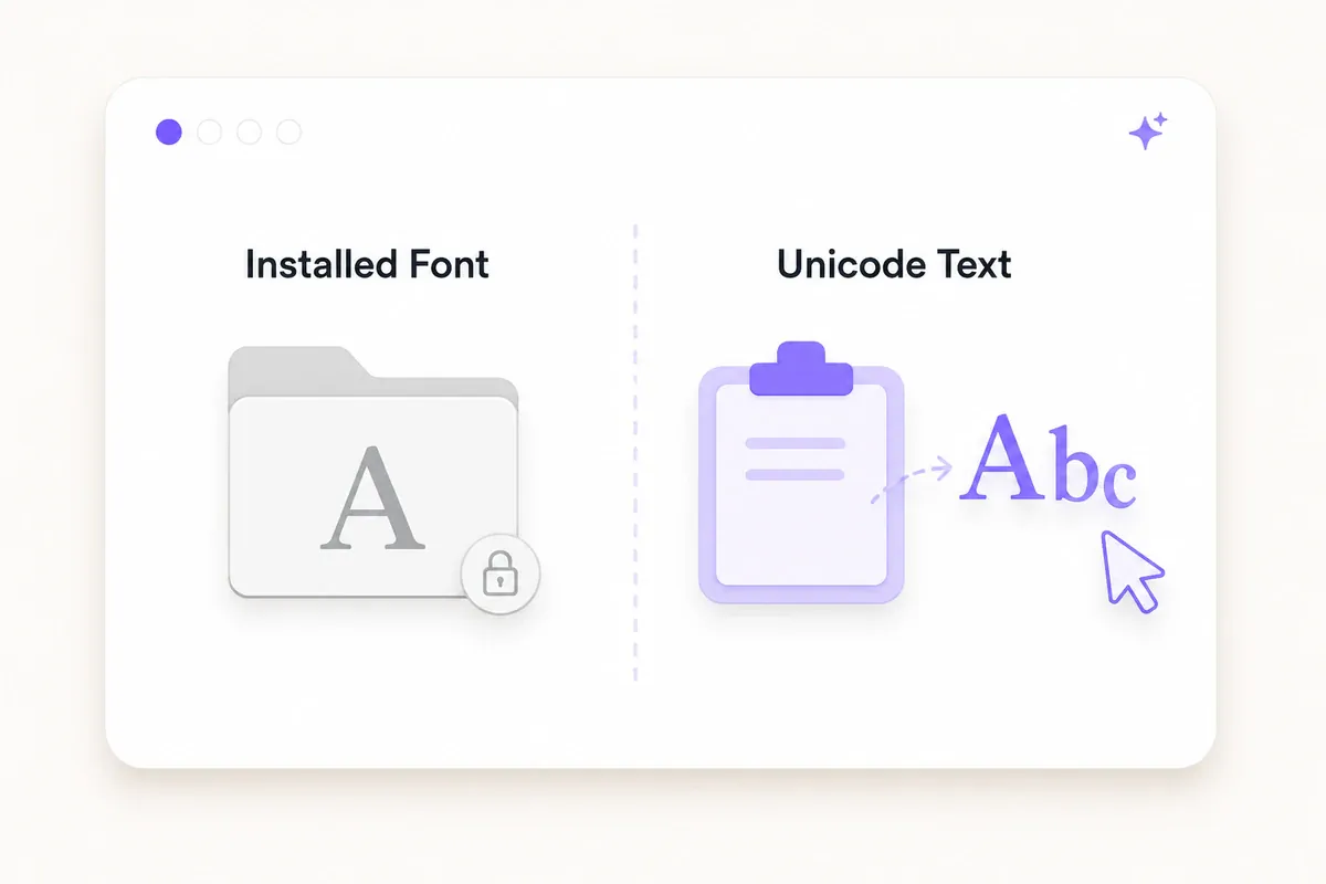 Diagram comparing an installed font file with copy-ready Unicode serif characters