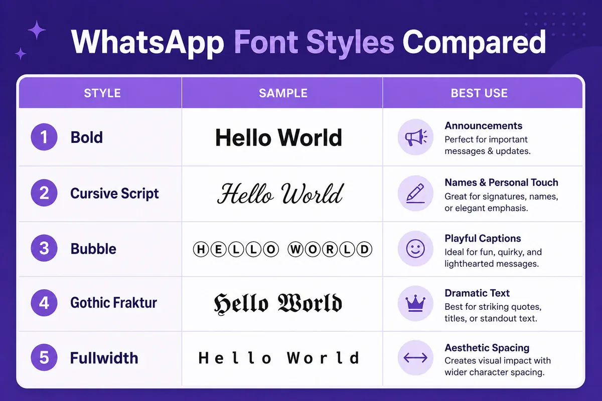 Comparison chart of WhatsApp Unicode font styles and suggested uses