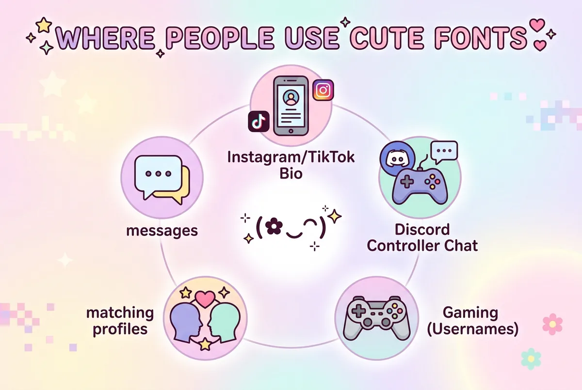 Icons showing common places to use cute fonts, including bios, gaming, and chat