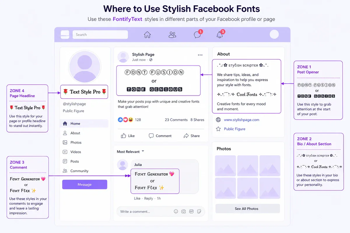 Facebook profile showing suitable text styles for posts, bios, comments, and page headlines